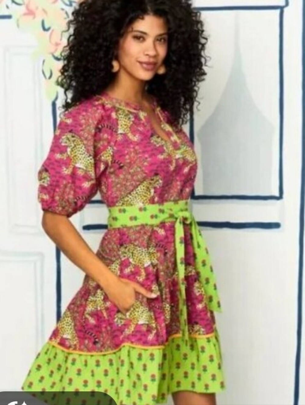 Printfresh Walk In The Park Pink & Green Belted Floral-Print Mini Dress Sz Largr